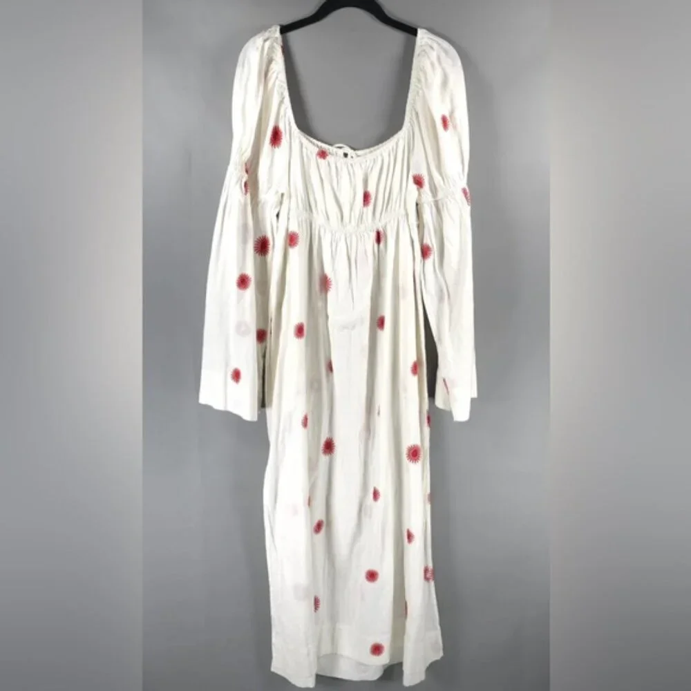 FREE‎ PEOPLE NWOT LINEN Blend EMORY EMBROIDERED MIDI DRESS Slit Side LS IVORY L